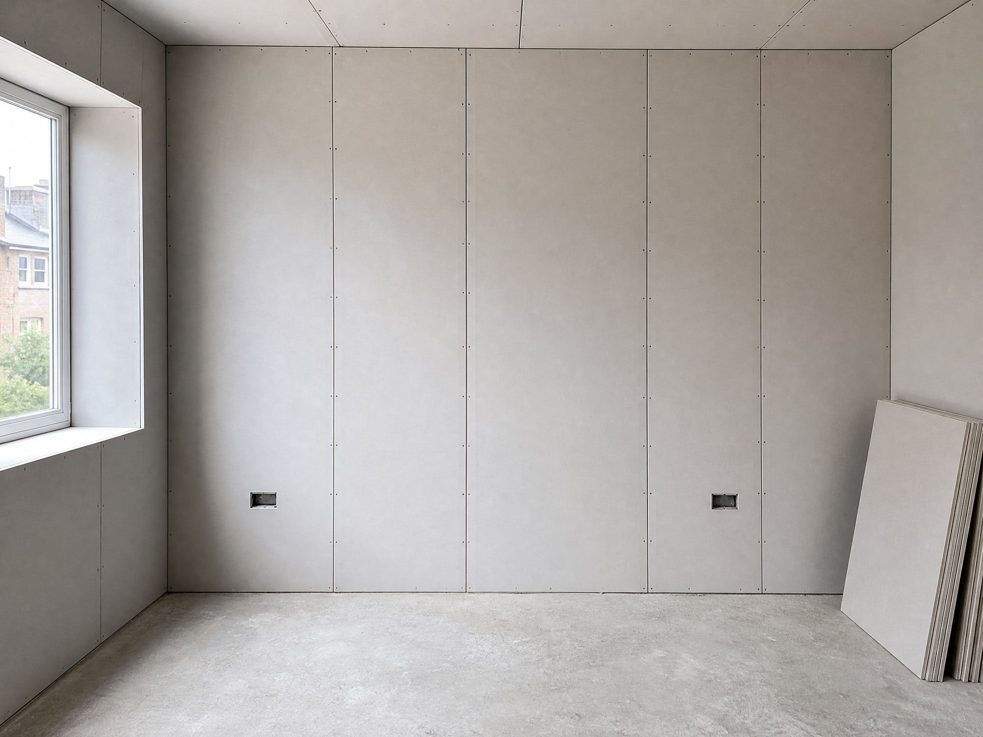 Illustration: a room freshly boarded with plasterboard on dot and dab, joints not yet taped