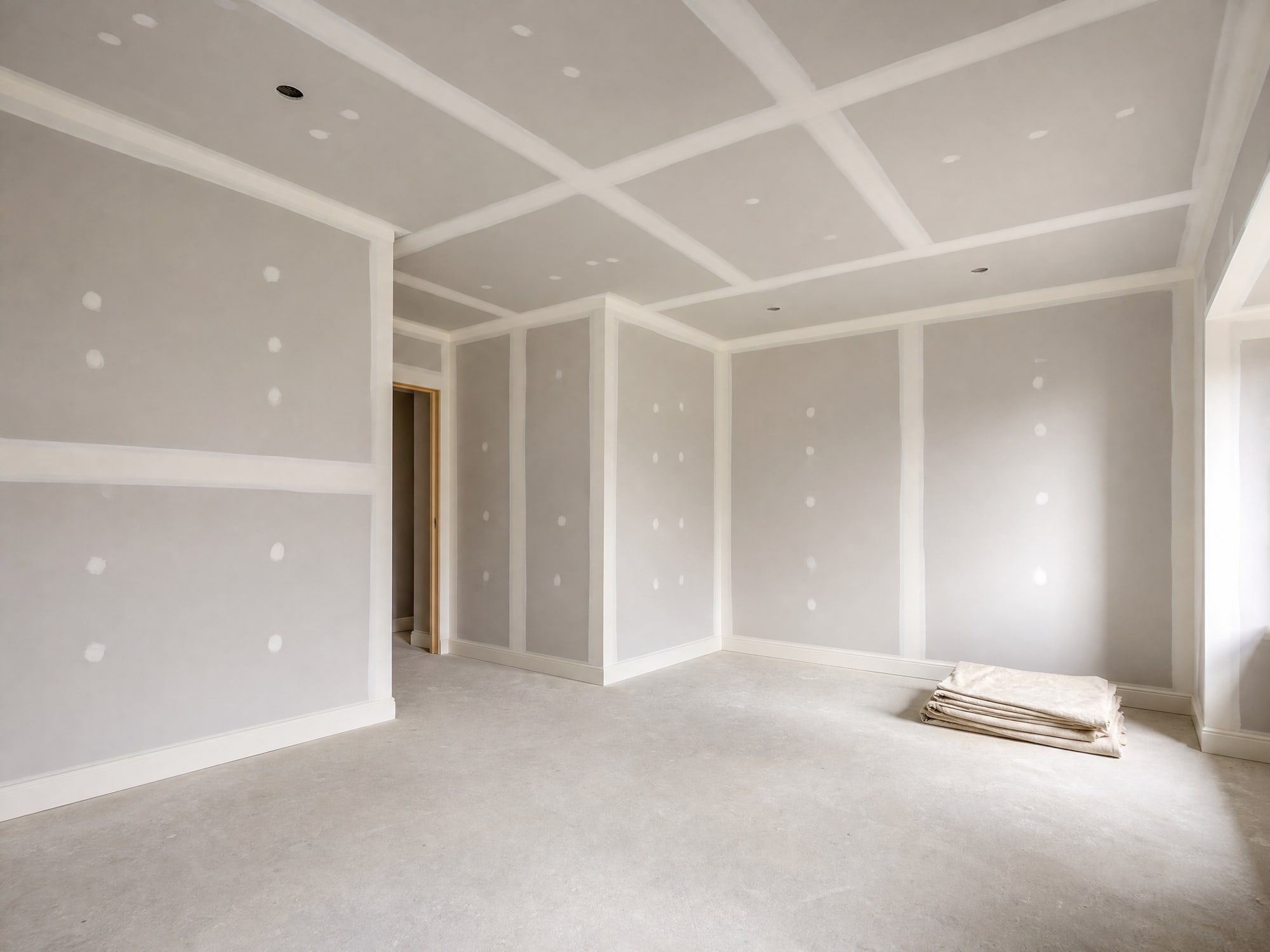 Illustration: plasterboard walls and ceiling with every joint taped and filled, ready for paint